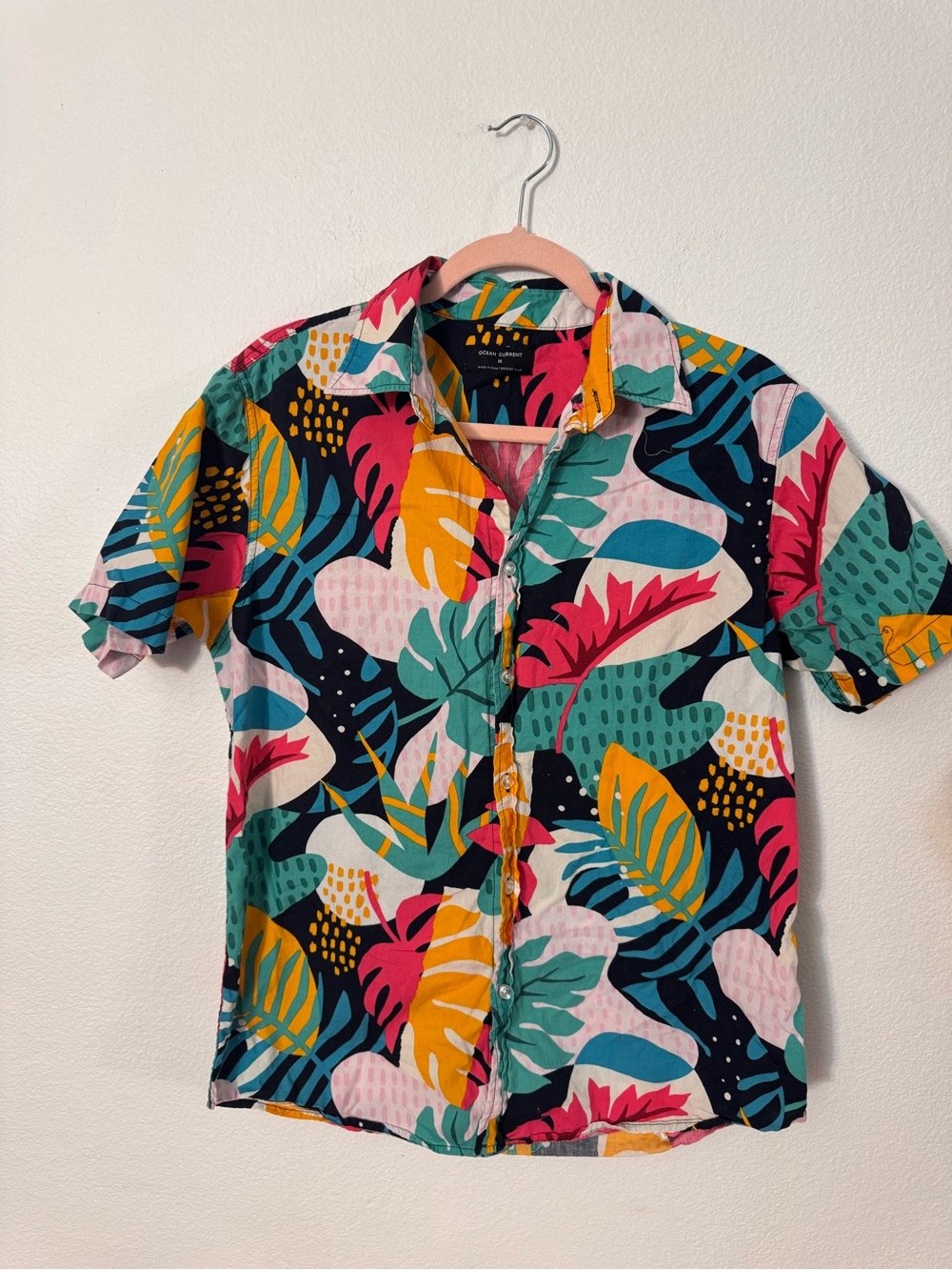 Ocean Current Tropical Leaf Button-Up Shirt - Teal, Pink, Yellow